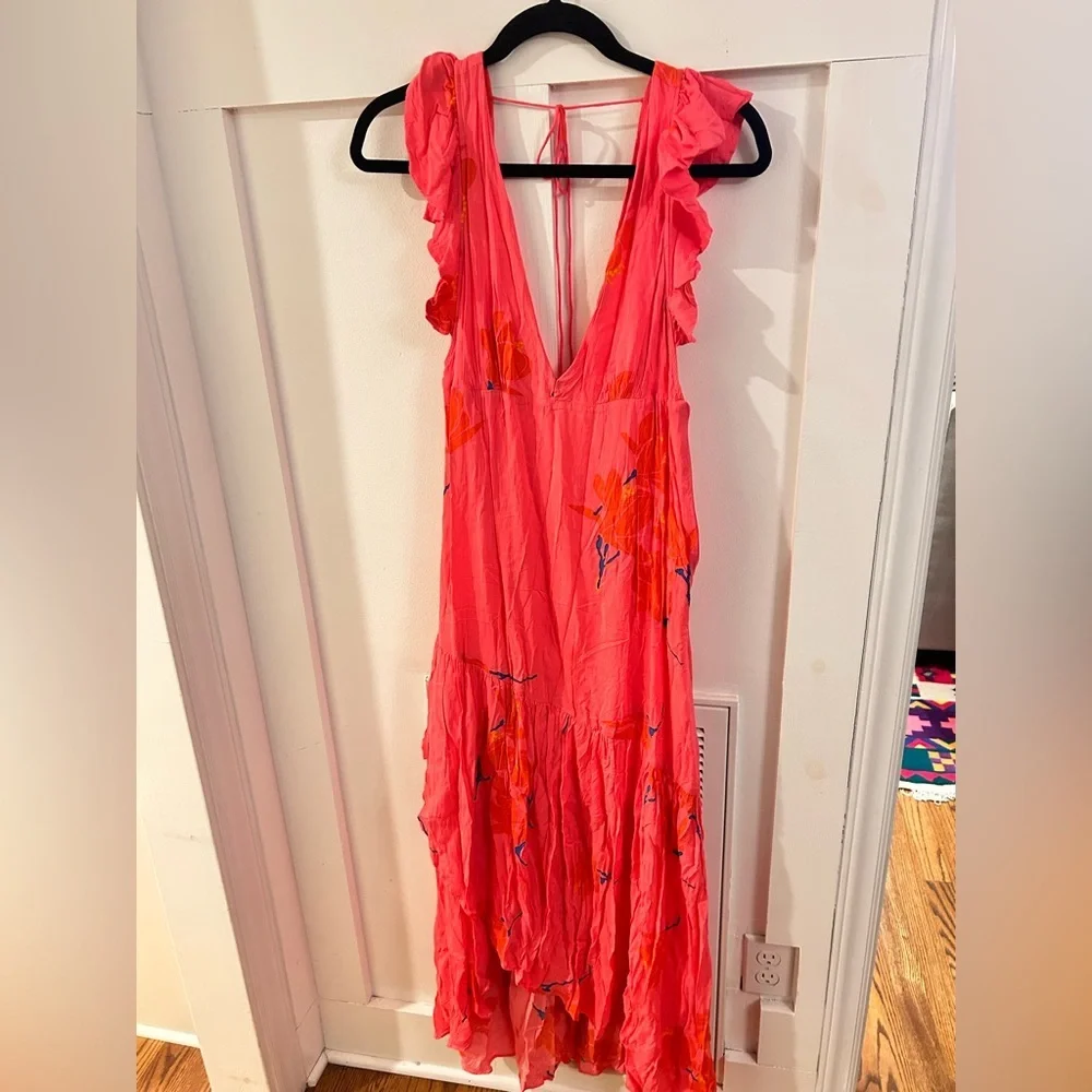 Free People She's A Waterfall Hot Pink Floral Print Ruffled Maxi Dress size 0 - Picture 3 of 7